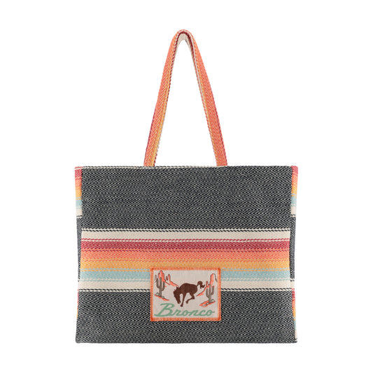 Bronco Tote bag with colorful striped pattern and brand logo on a white background