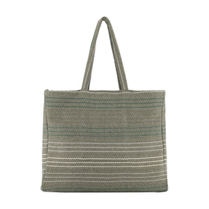 A woven tote bag in a muted sage green color, featuring thin horizontal stripes in white and teal, with two top handles, shown against a plain white background.
