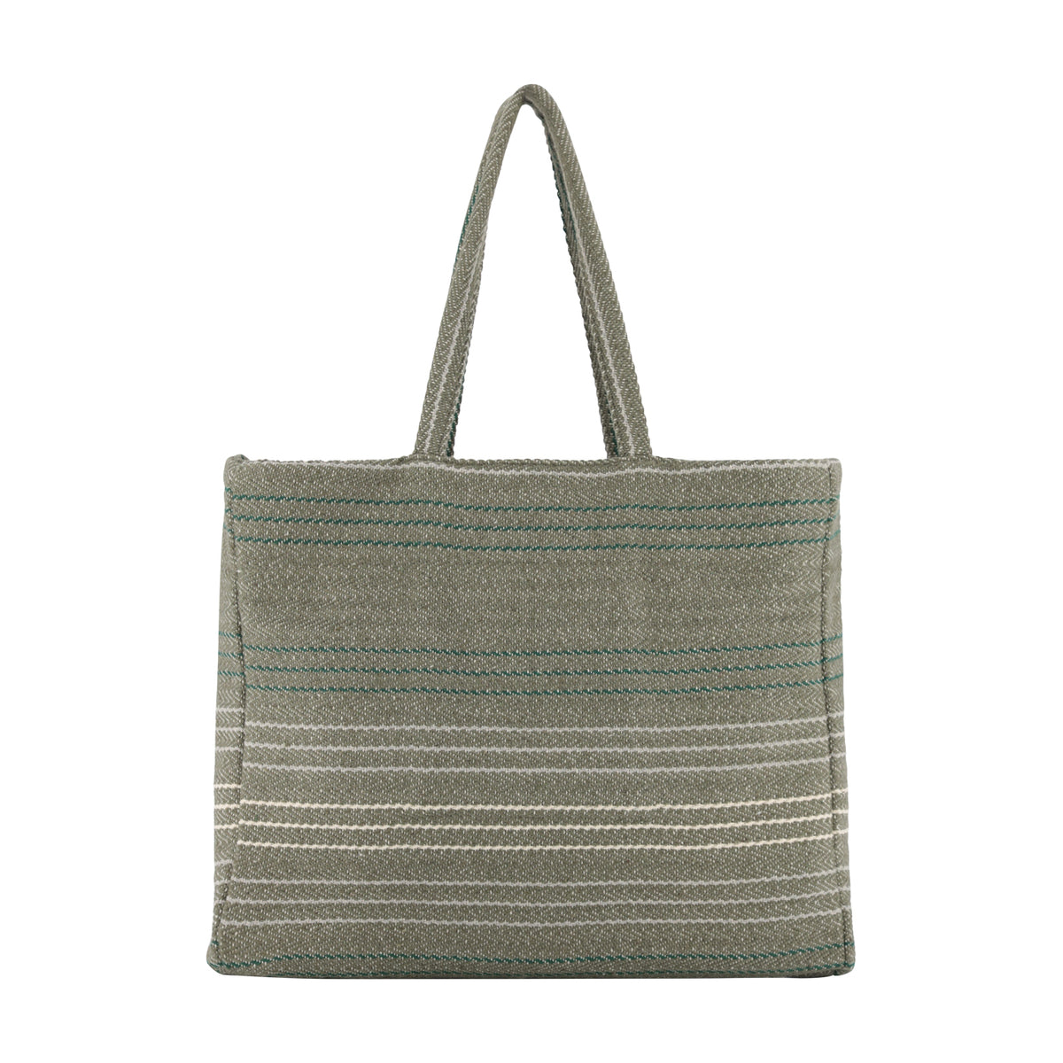 A woven tote bag in a muted sage green color, featuring thin horizontal stripes in white and teal, with two top handles, shown against a plain white background.