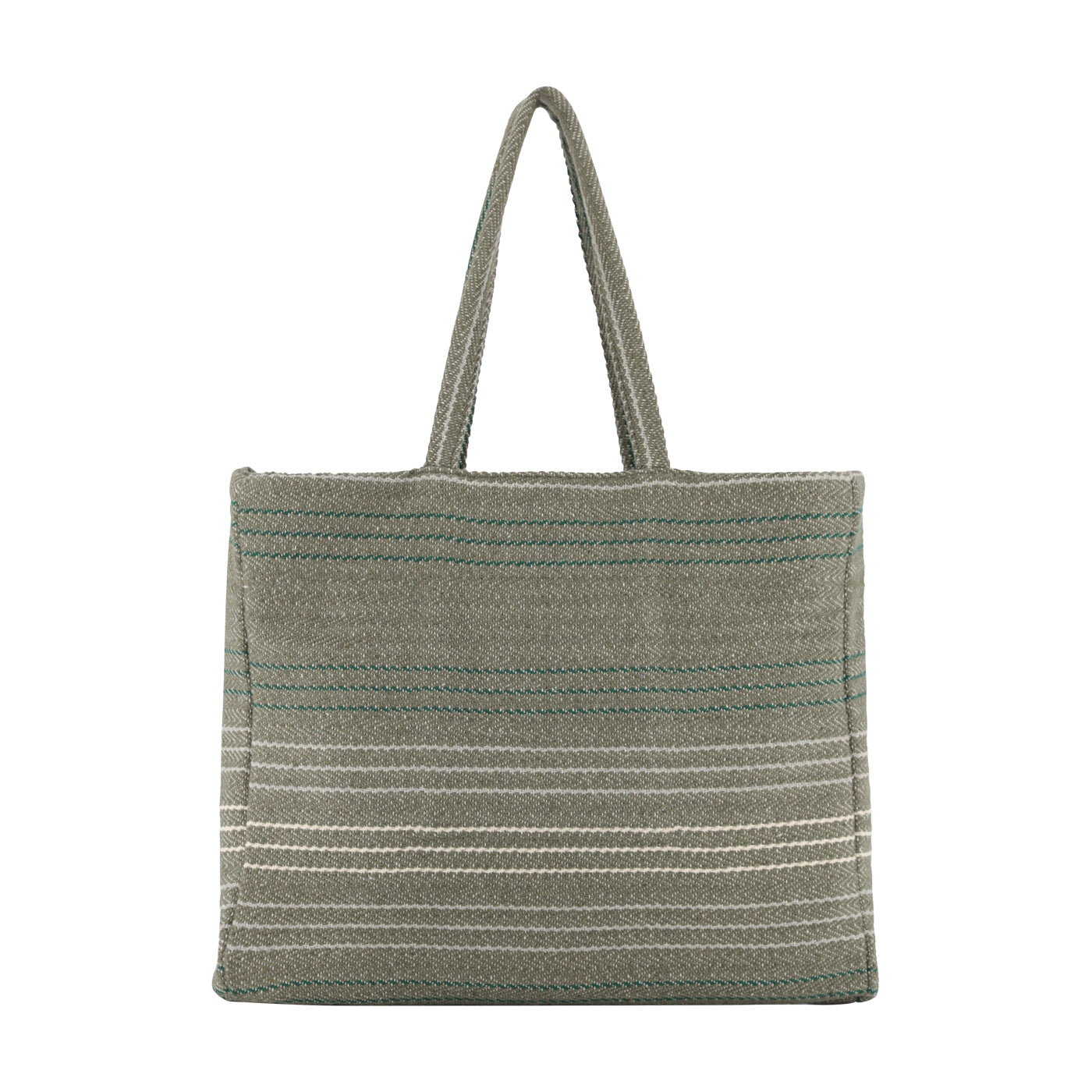 A woven tote bag in a muted sage green color, featuring thin horizontal stripes in white and teal, with two top handles, shown against a plain white background.