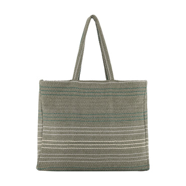 A woven tote bag in a muted sage green color, featuring thin horizontal stripes in white and teal, with two top handles, shown against a plain white background.