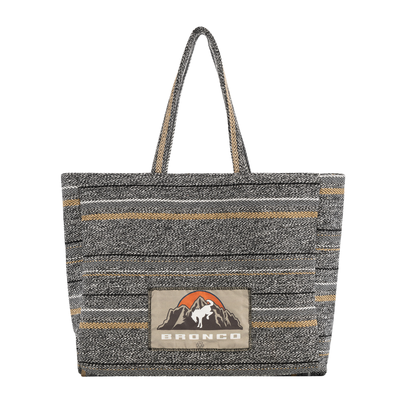 Gray tote bag with striped pattern and Bronco logo on a white background