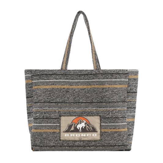 Gray tote bag with striped pattern and Bronco logo on a white background