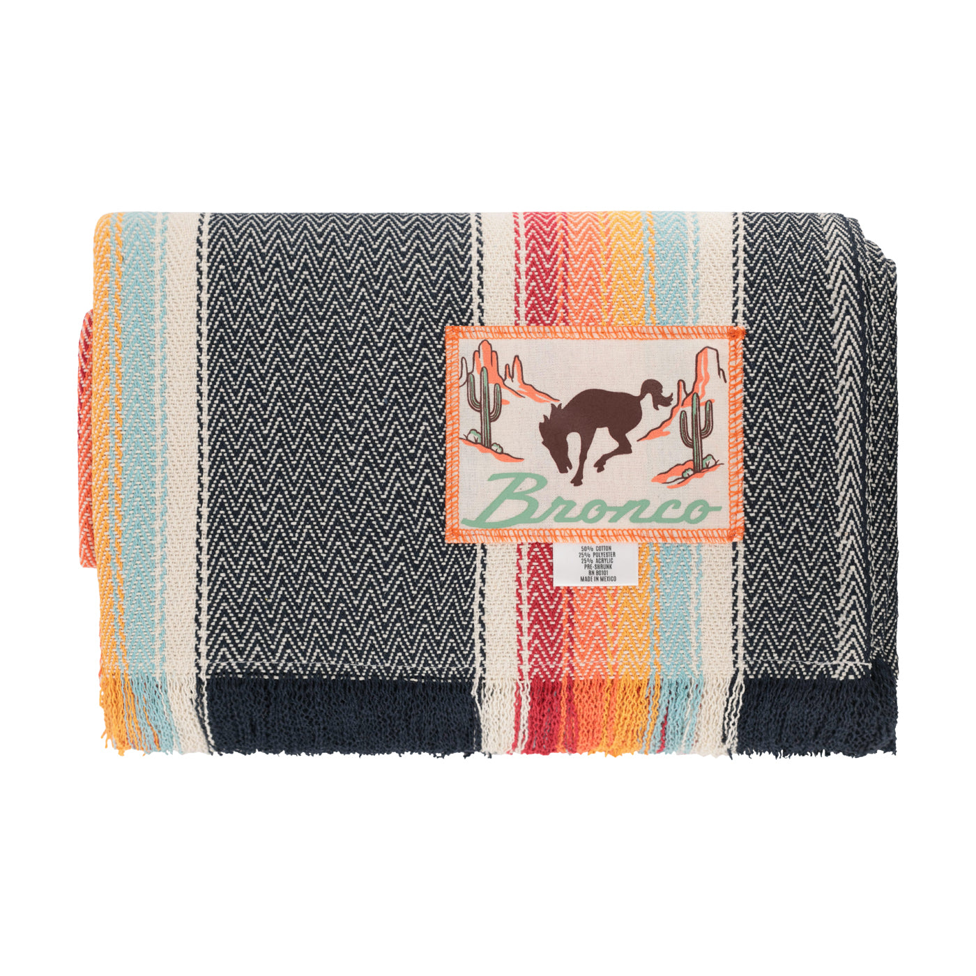 Colorful woven blanket with a 'Bronco' logo on a white background