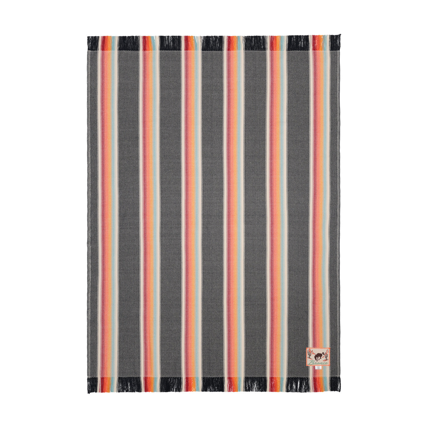 Striped blanket with black, orange, and gray stripes on a white background