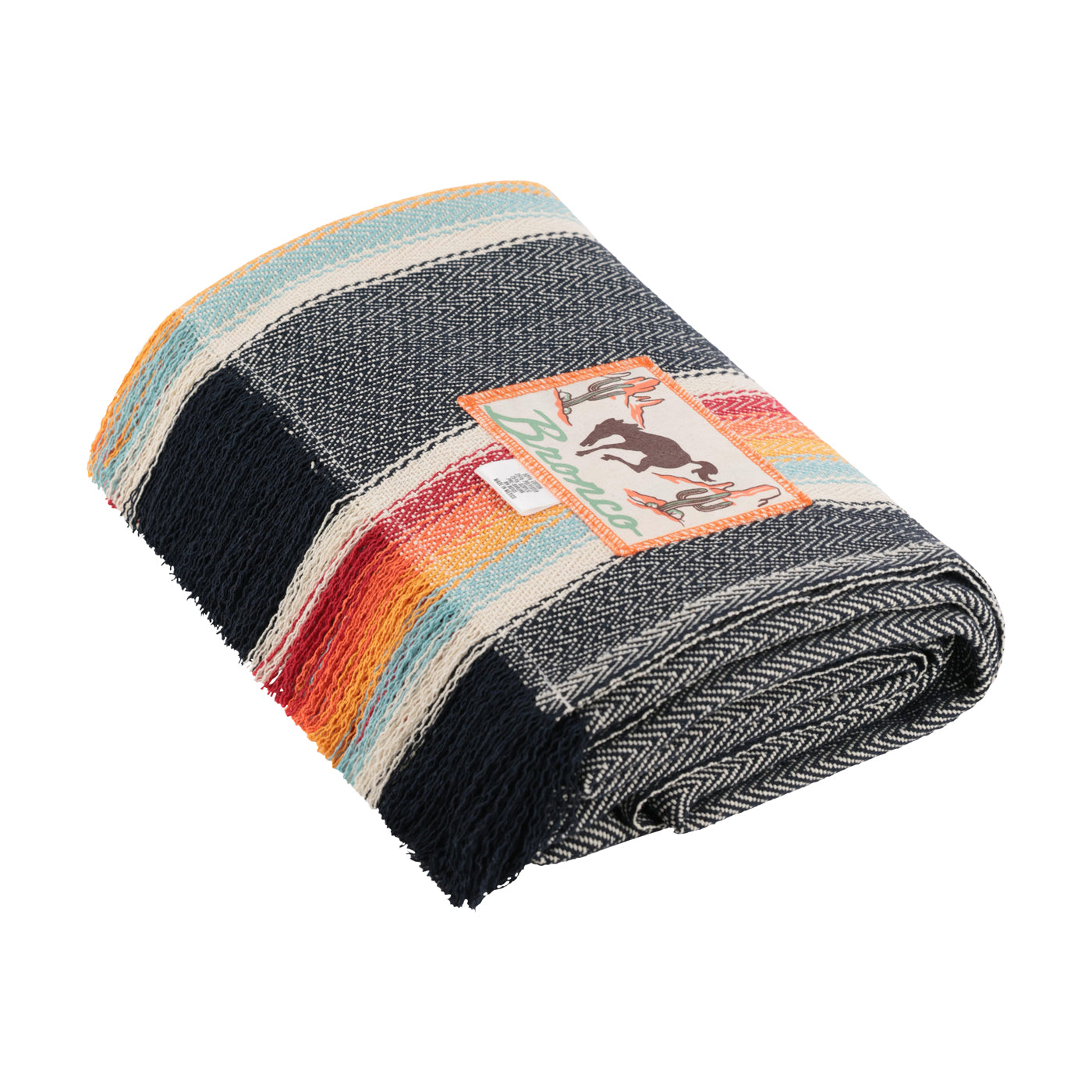 Colorful woven blanket with a patch featuring a Bronco horse design on a white background