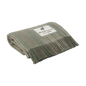 A folded woven throw blanket in a heathered gray and beige pattern with teal stripes and fringe, featuring a white brand label that reads 'andco Since 1966'.