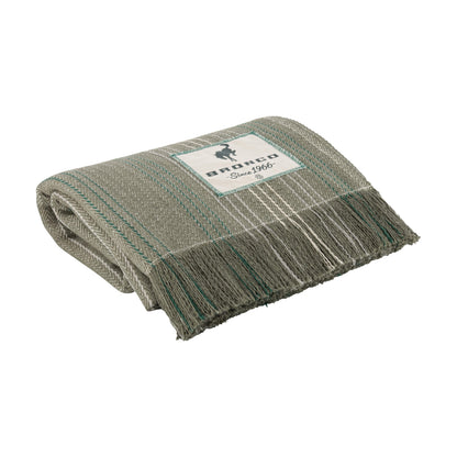 A folded woven throw blanket in a heathered gray and beige pattern with teal stripes and fringe, featuring a white brand label that reads 'andco Since 1966'.
