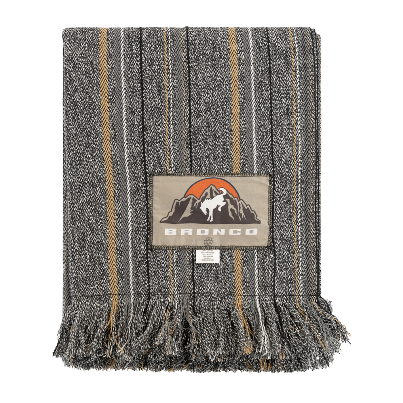 Striped blanket with a brand logo on a white background