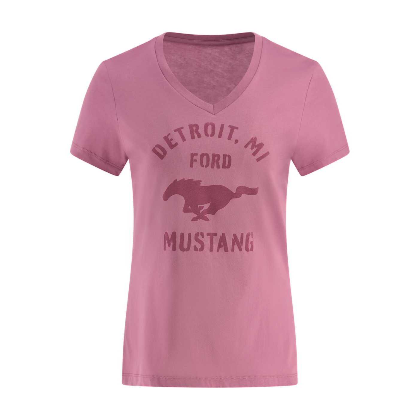 Pink t-shirt with 'Detroit, MI Ford Mustang' text and logo on a white background