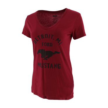 Red t-shirt with 'Detroit, MI Ford Mustang' text and logo on a white background