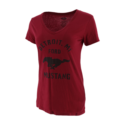 Red t-shirt with 'Detroit, MI Ford Mustang' text and logo on a white background