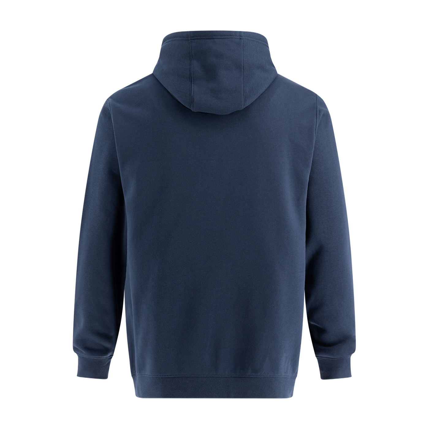 Navy blue hoodie shown from the back on a white background