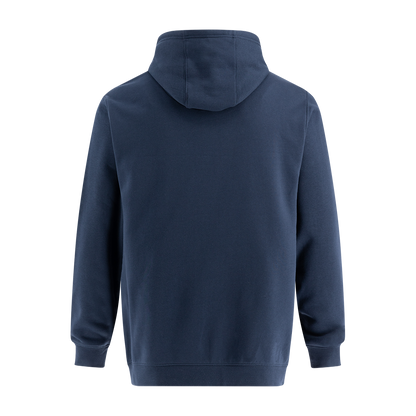 Navy blue hoodie shown from the back on a white background