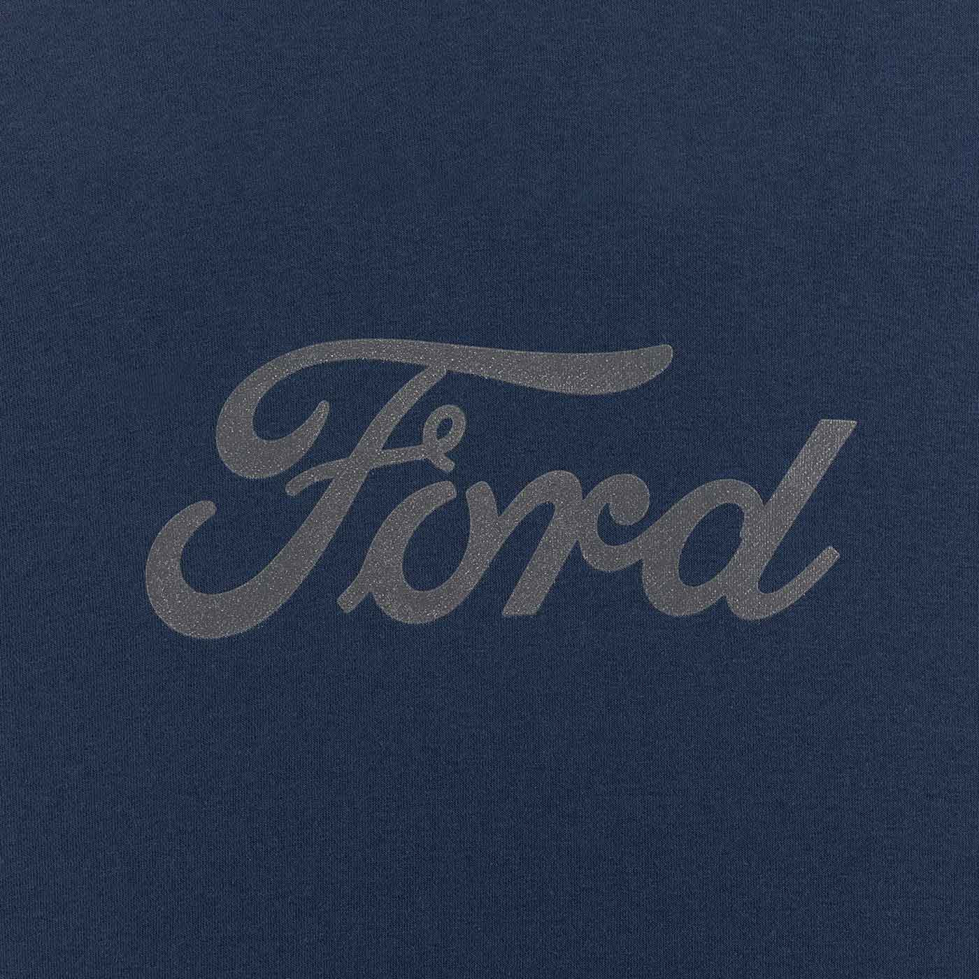 Ford logo in gray on a dark blue background