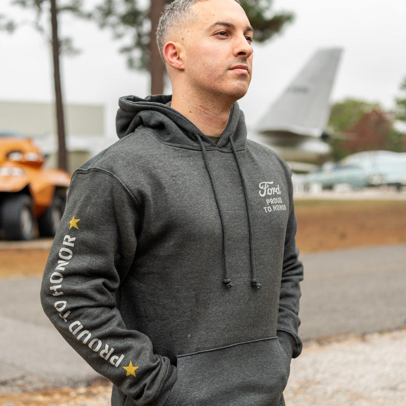 Ford Proud to Honor Mens Eagle Graphic Charcoal Gray Hoodie