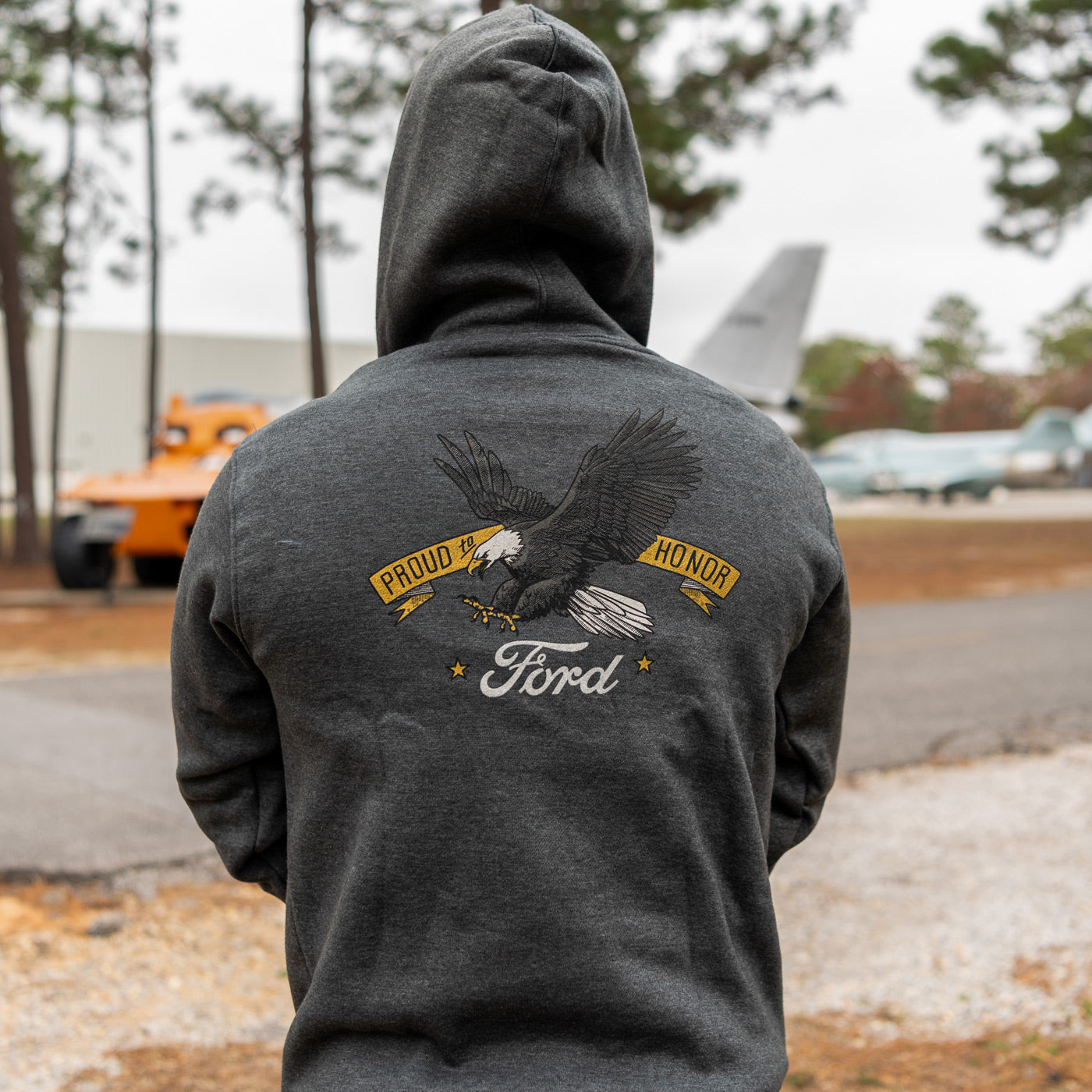 Ford Proud to Honor Mens Eagle Graphic Charcoal Gray Hoodie