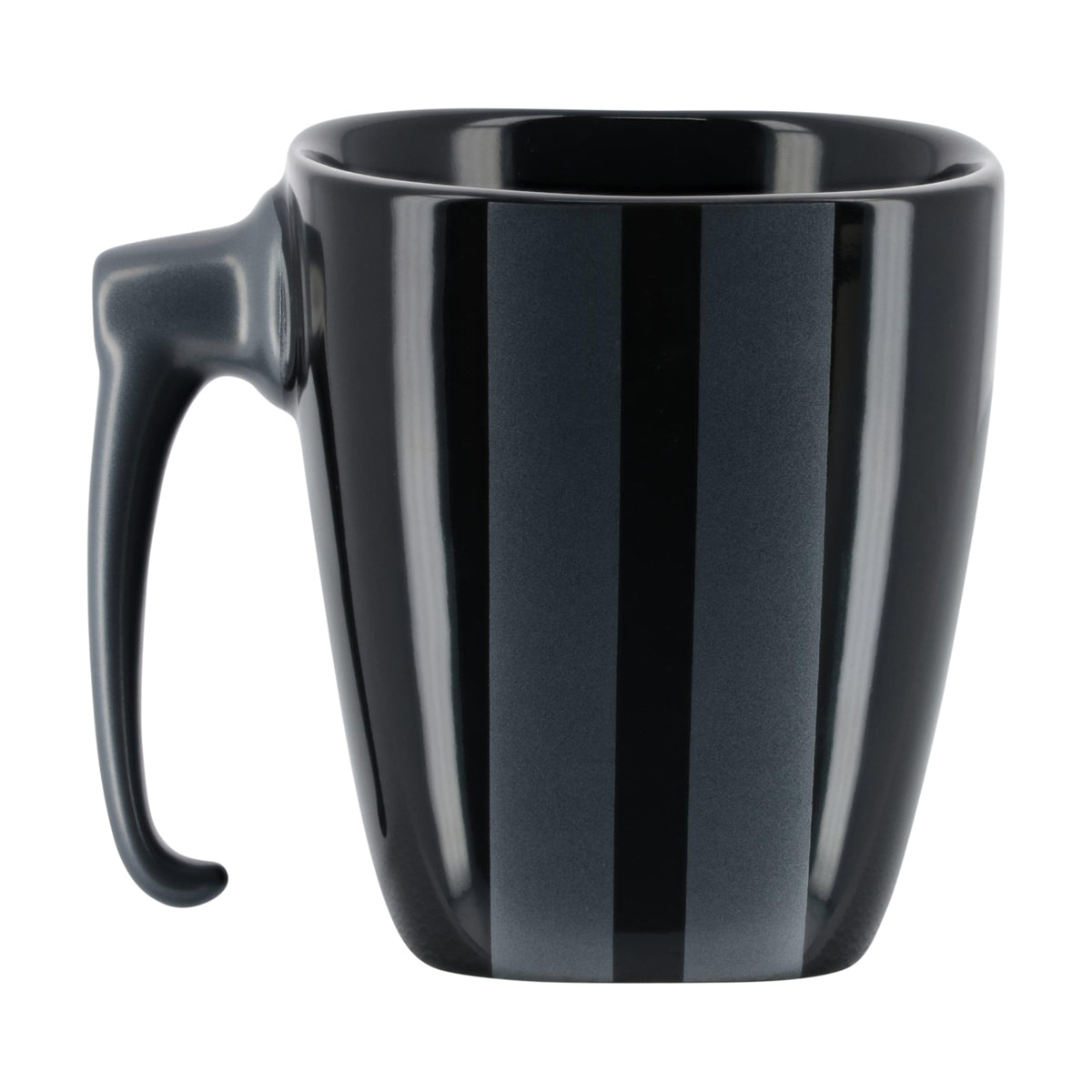 BACK OF A Black mug with silver stripes and pony logo with Mustang text and a gas pump handle on a white background