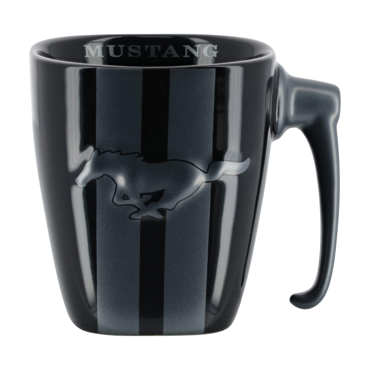 BLACK MUG WITH A Mustang pony logo Mustang text and gas pump handle on a white background