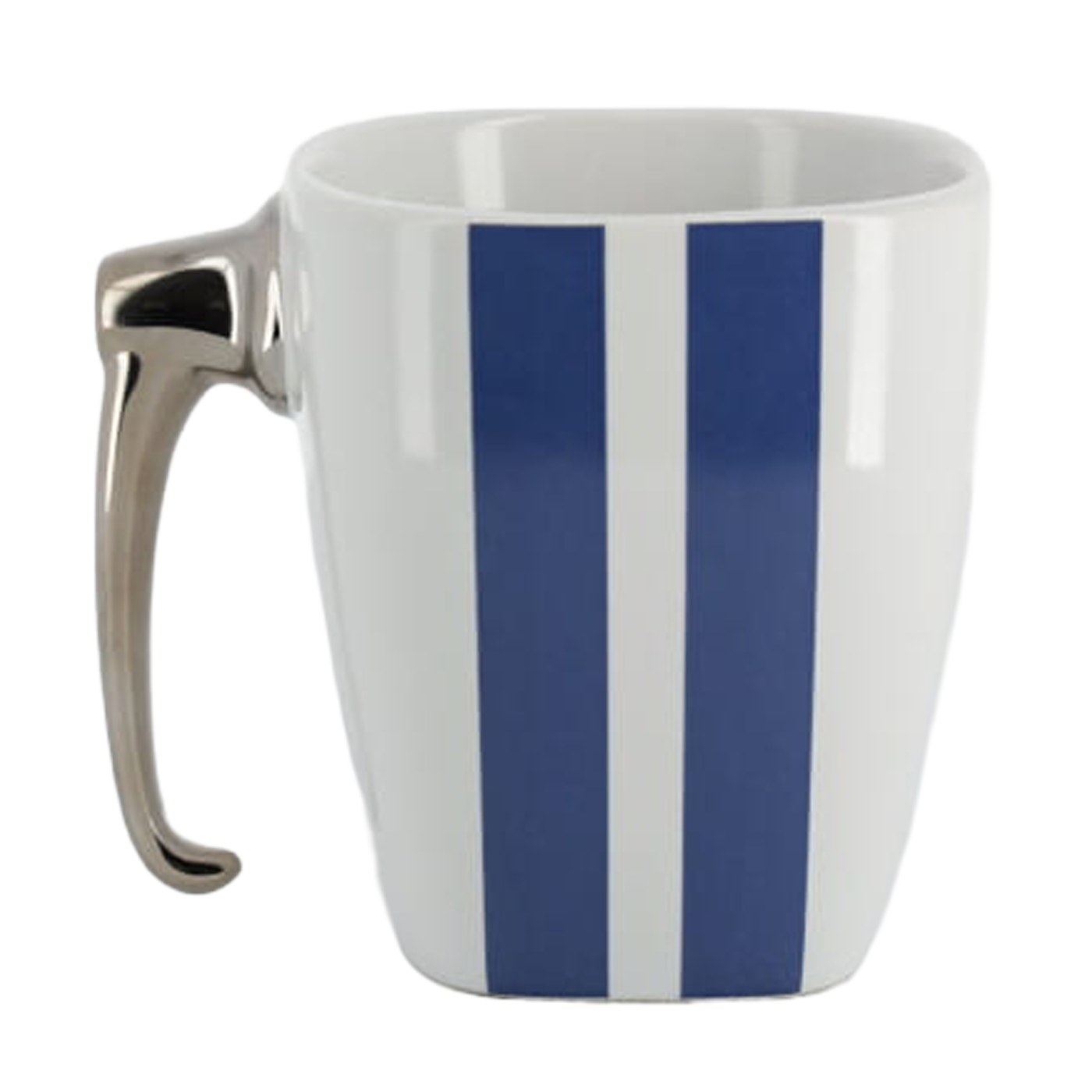 back of coffee mug with silver handle with blue stripes on ceramic white