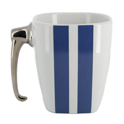 back of coffee mug with silver handle with blue stripes on ceramic white