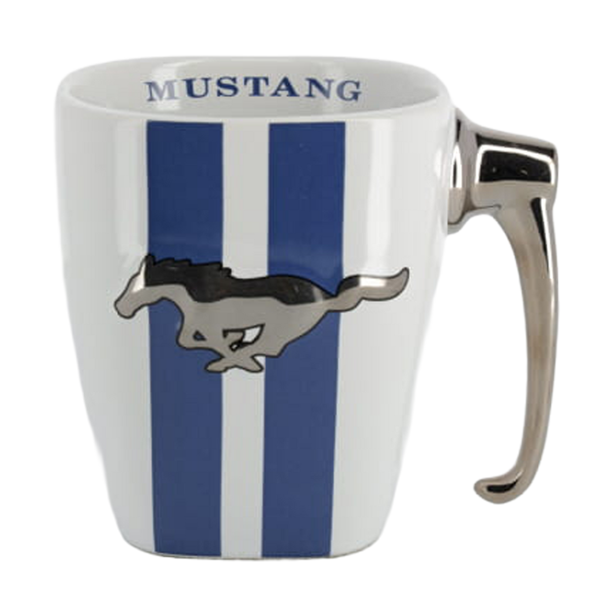 A white ceramic mug with blue stripes and a Ford Mustang logo on the side.