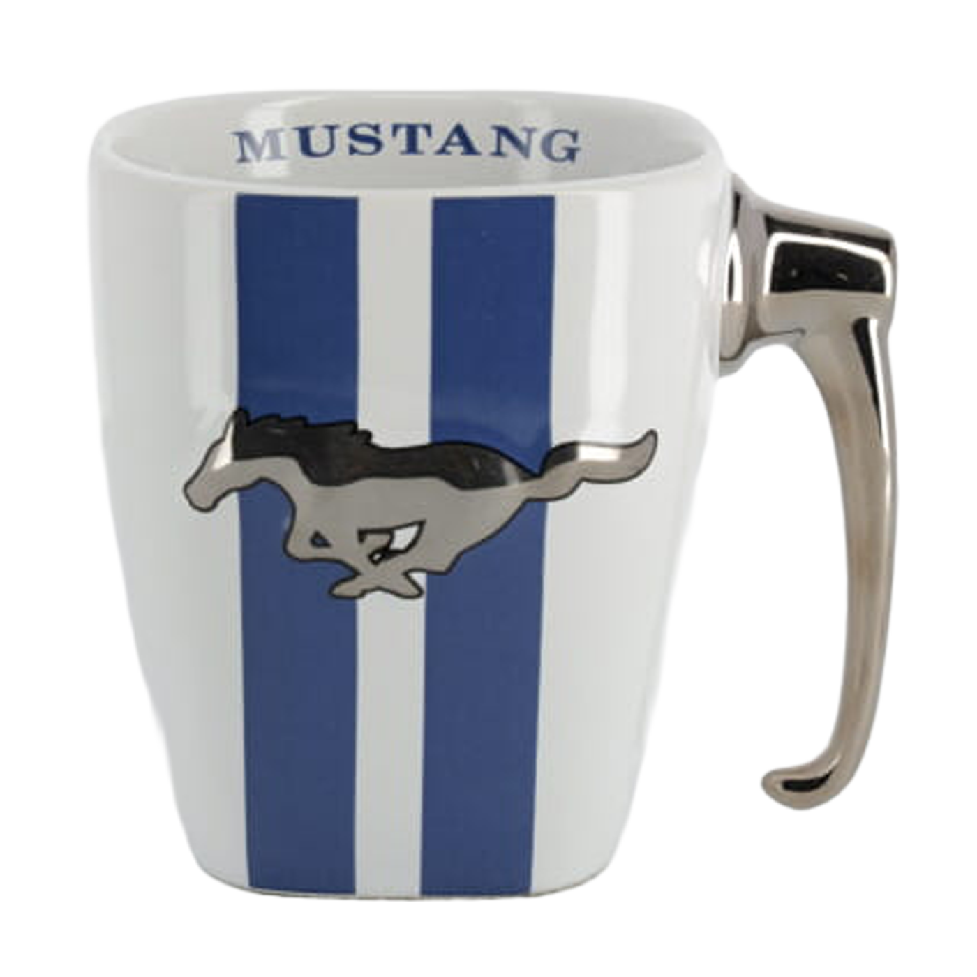 A white ceramic mug with blue stripes and a Ford Mustang logo on the side.