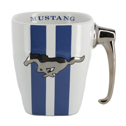 A white ceramic mug with blue stripes and a Ford Mustang logo on the side.