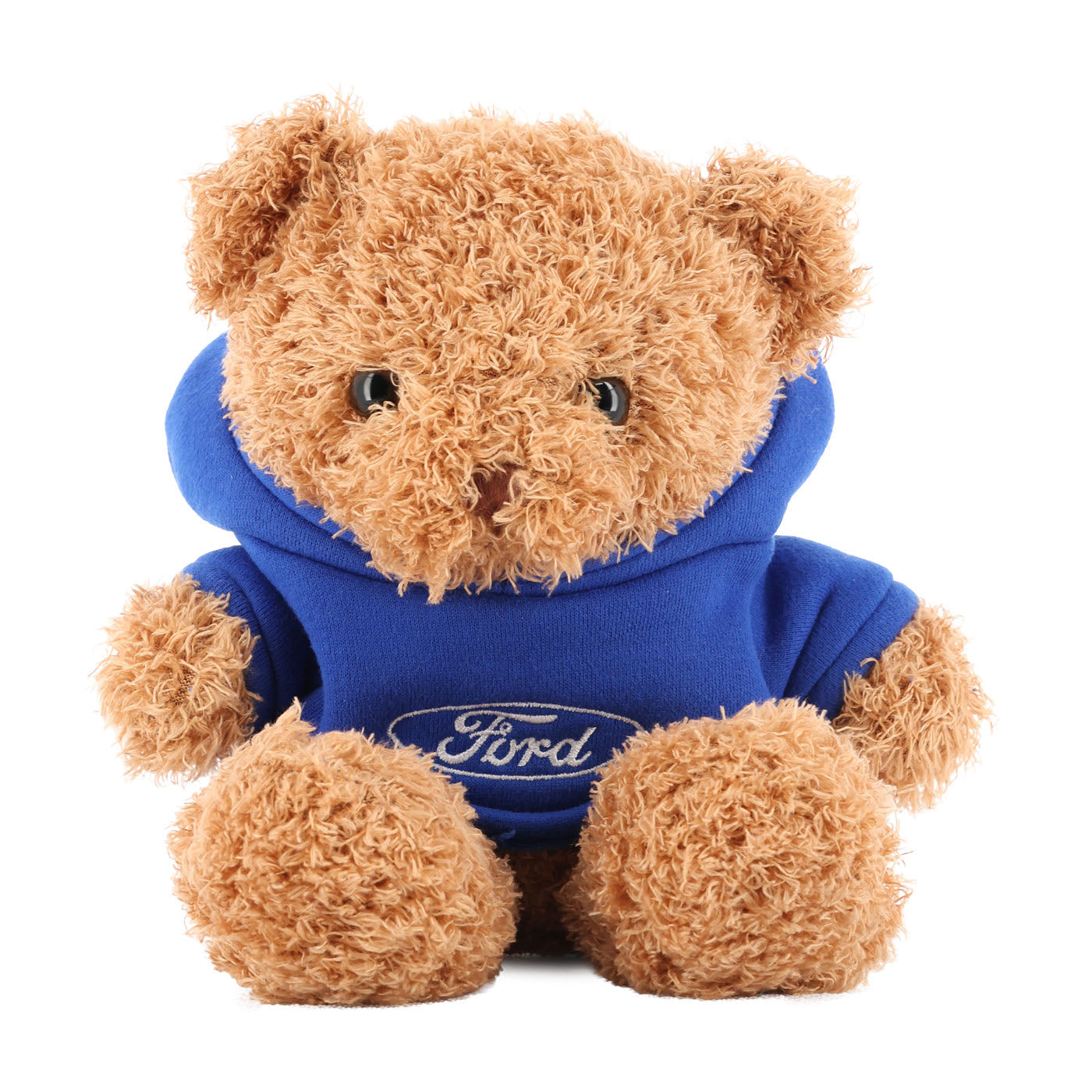 Teddy bear wearing a blue hoodie with Ford logo on a white background