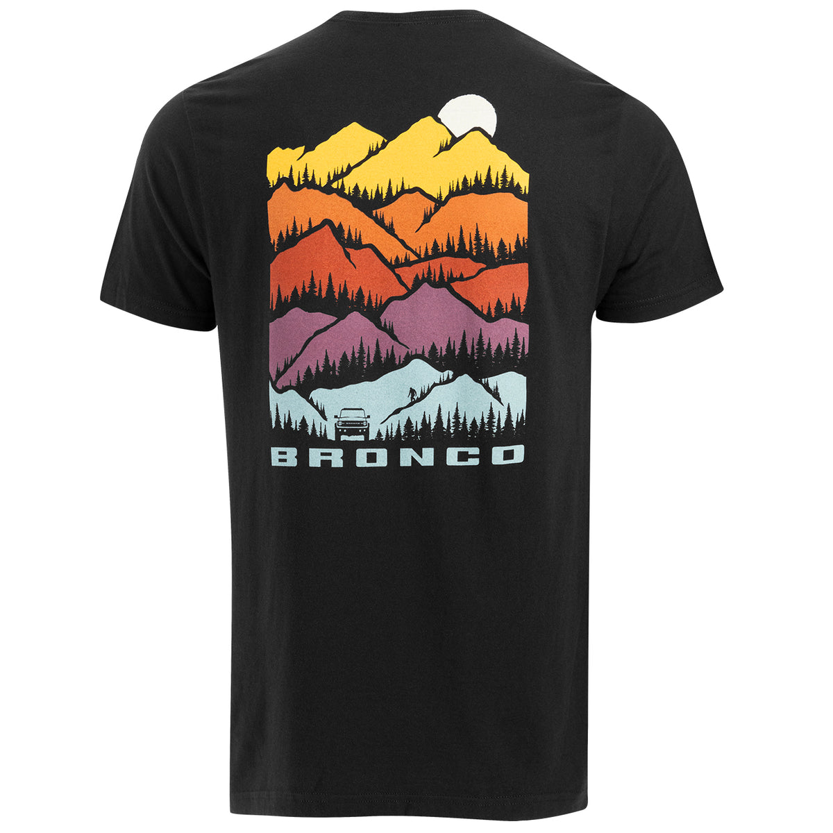 A black Ford Bronco Men's T-shirt with a mountain graphic design on the back, featuring the Bronco logo in yellow on the upper left chest pocket.