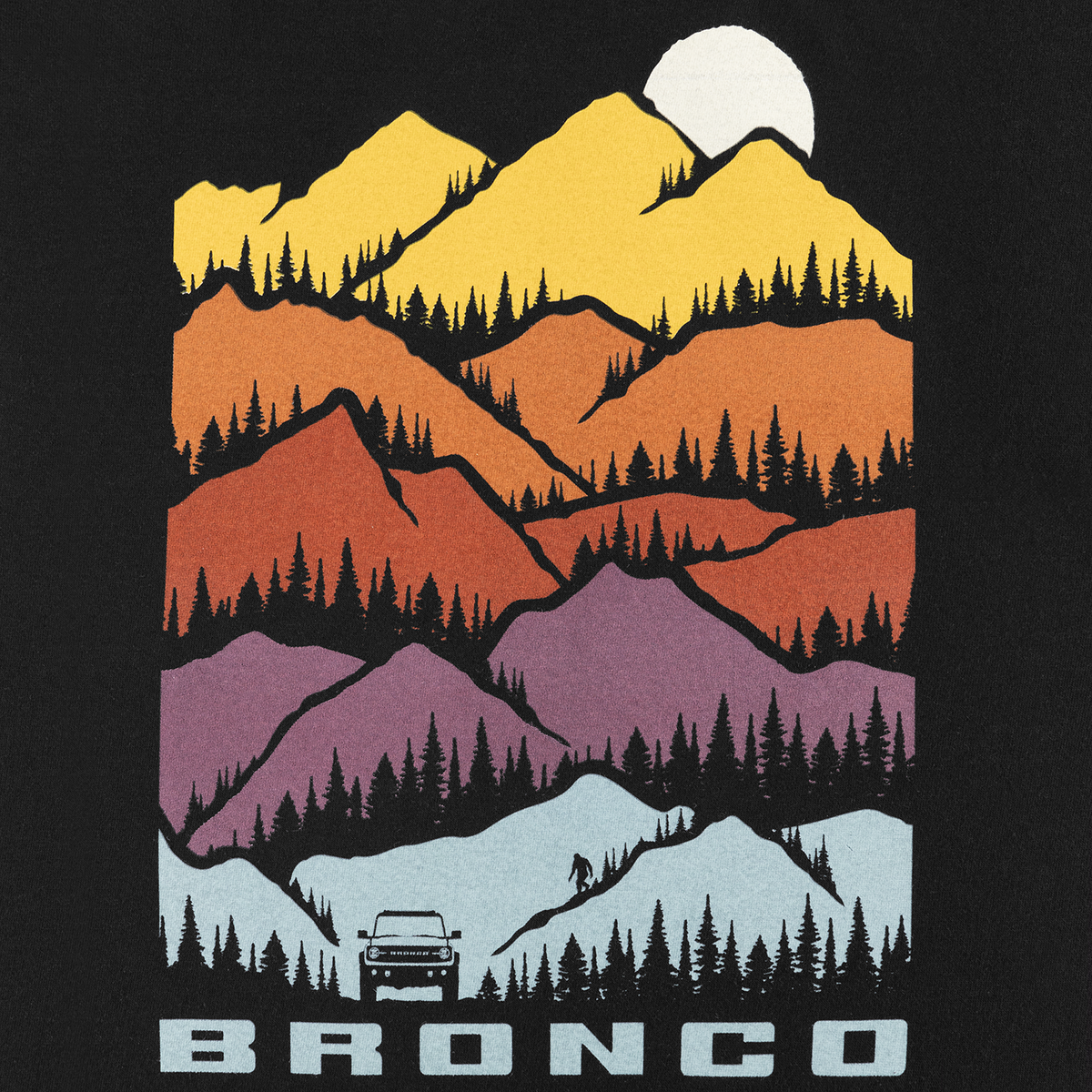 multicolored mountain with bronco text on a black background