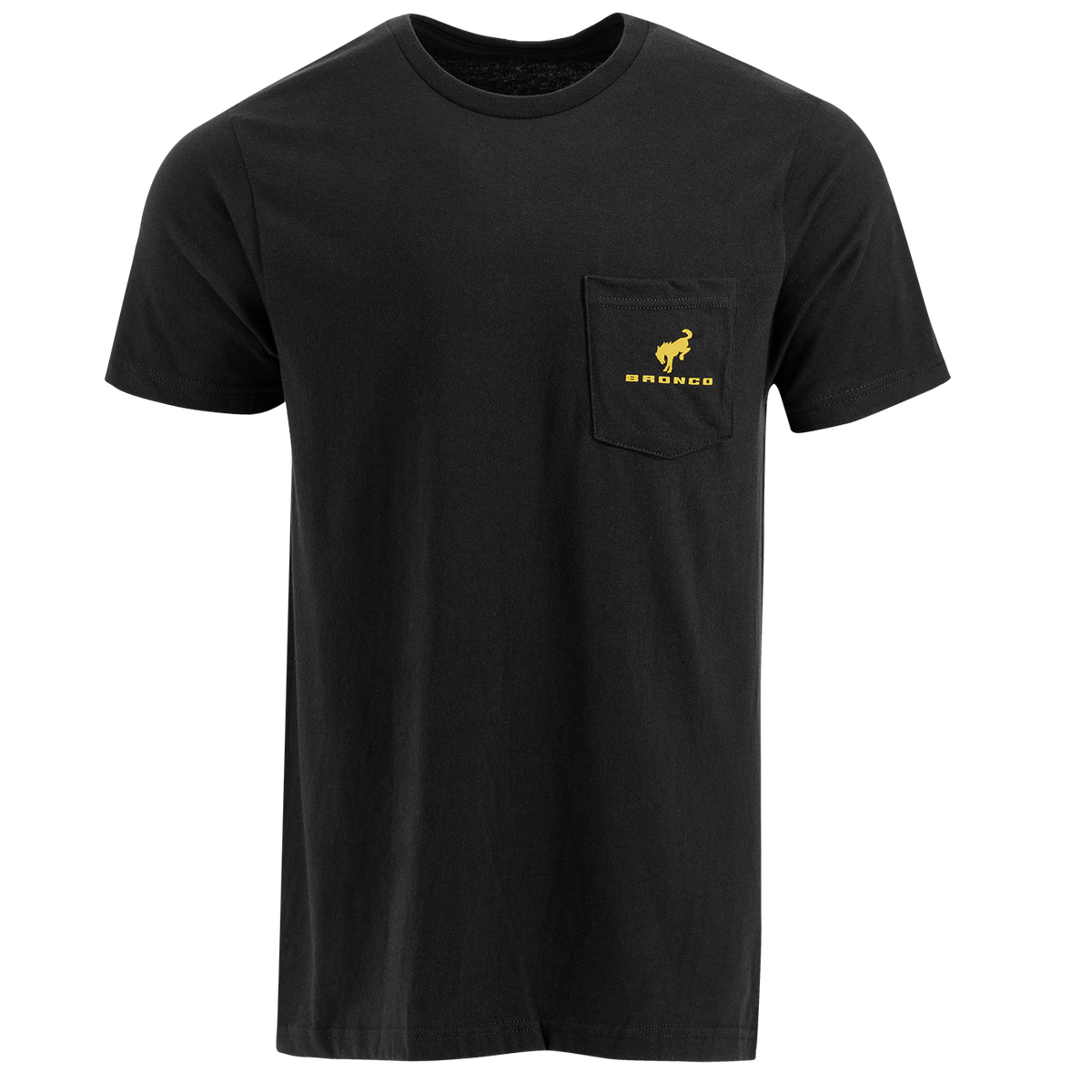 front of a black bronco tee with a pocket