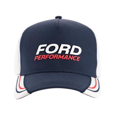 A navy and white snapback hat with the Ford Performance logo in red and white on the front.