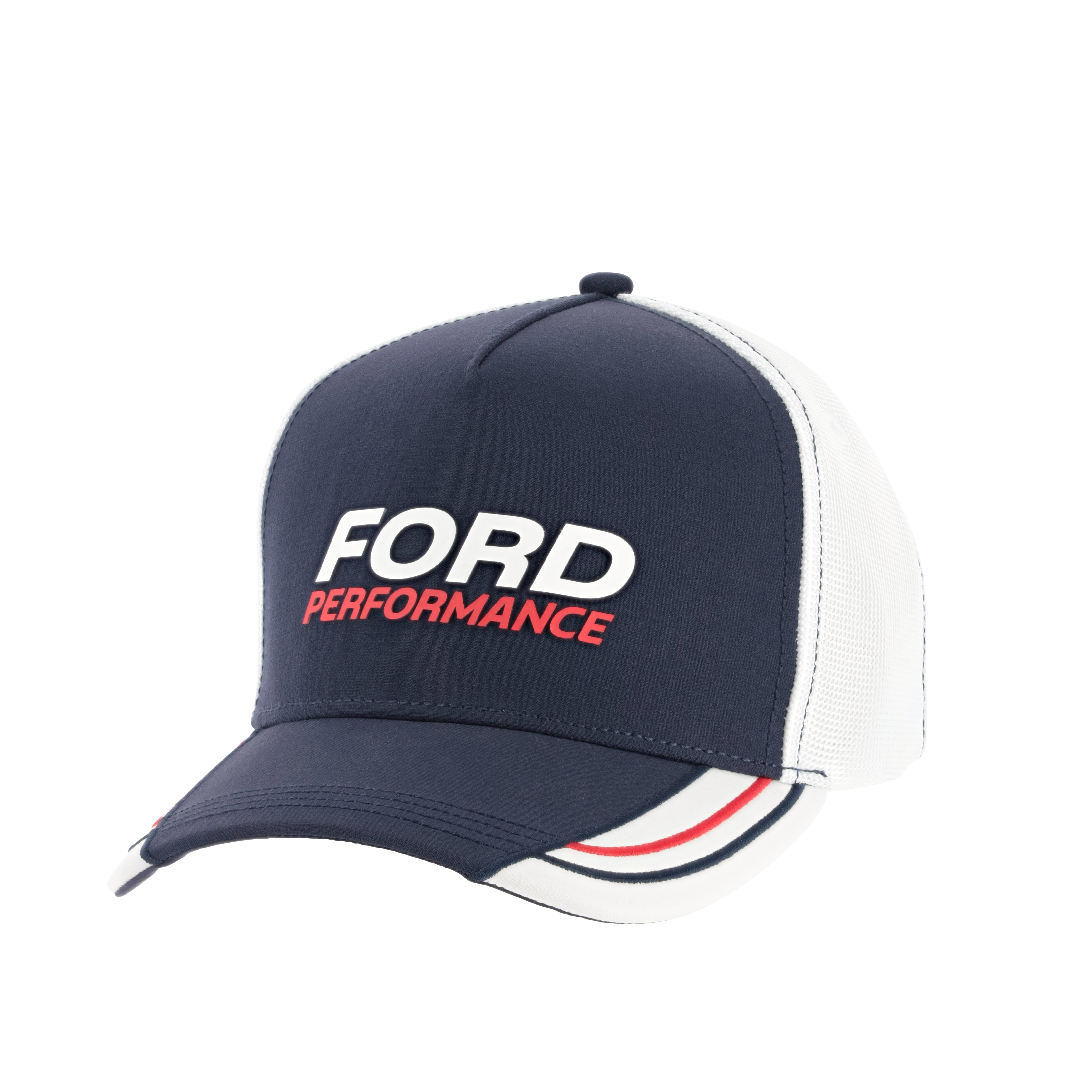 A navy blue and white snapback hat with 'FORD PERFORMANCE' text in red at the center front. It features contrasting white and red stitching and embroidery on the bill.