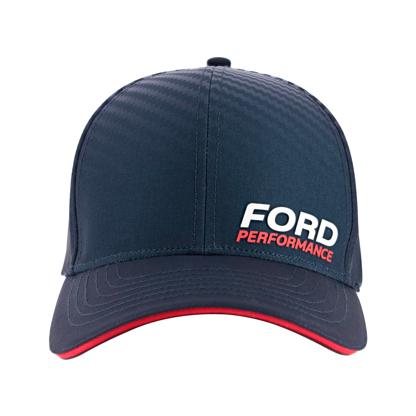 A navy blue Ford Performance fitted cap with a raised silicone sandwich bill and a red and white logo on the front.