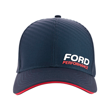 A navy blue Ford Performance fitted cap with a raised silicone sandwich bill and a red and white logo on the front.