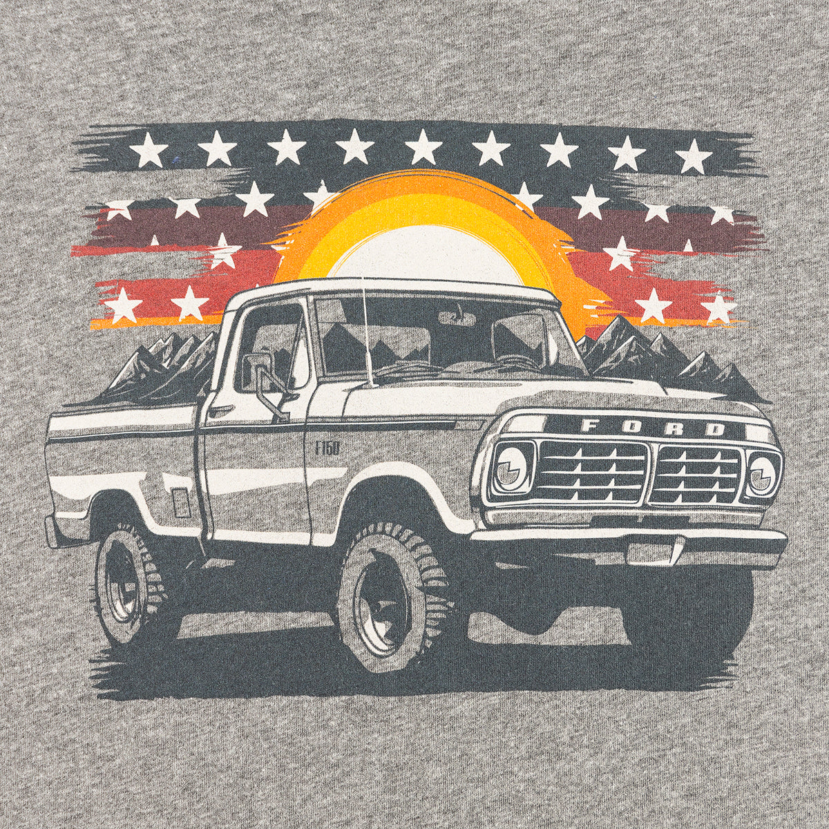 close up of a ford f-150 truck with a sun and stars background