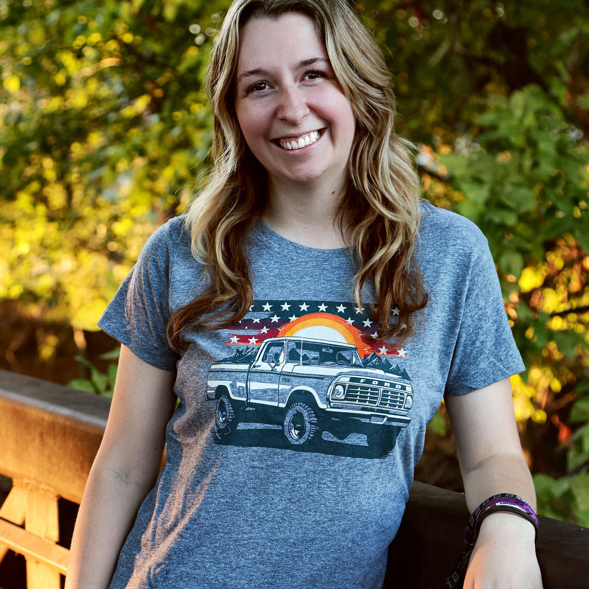 women wearing a ford f-150 truck t-shirt in gray