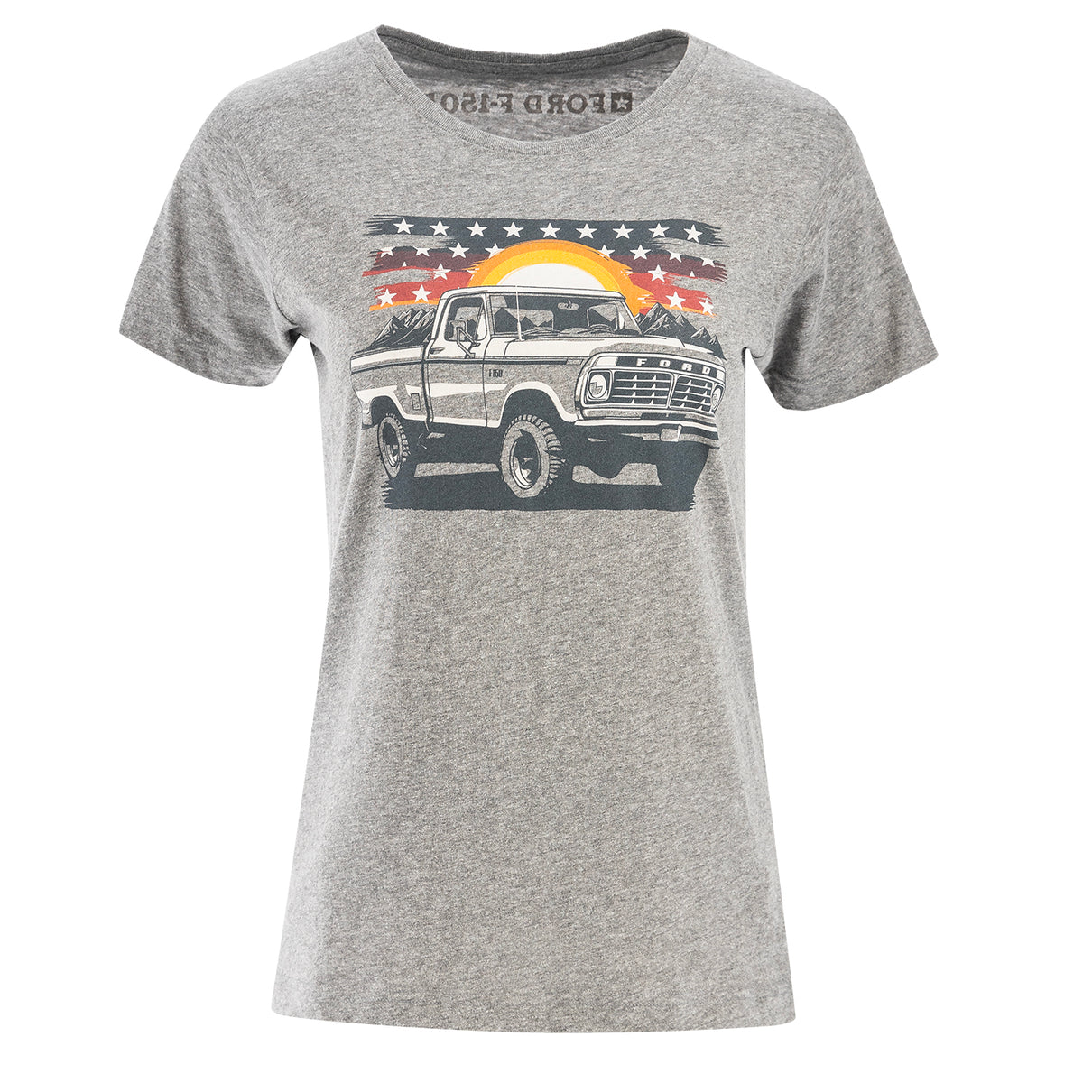 Women's grey t-shirt with a graphic of a vintage Ford F-150 truck and a sunset.