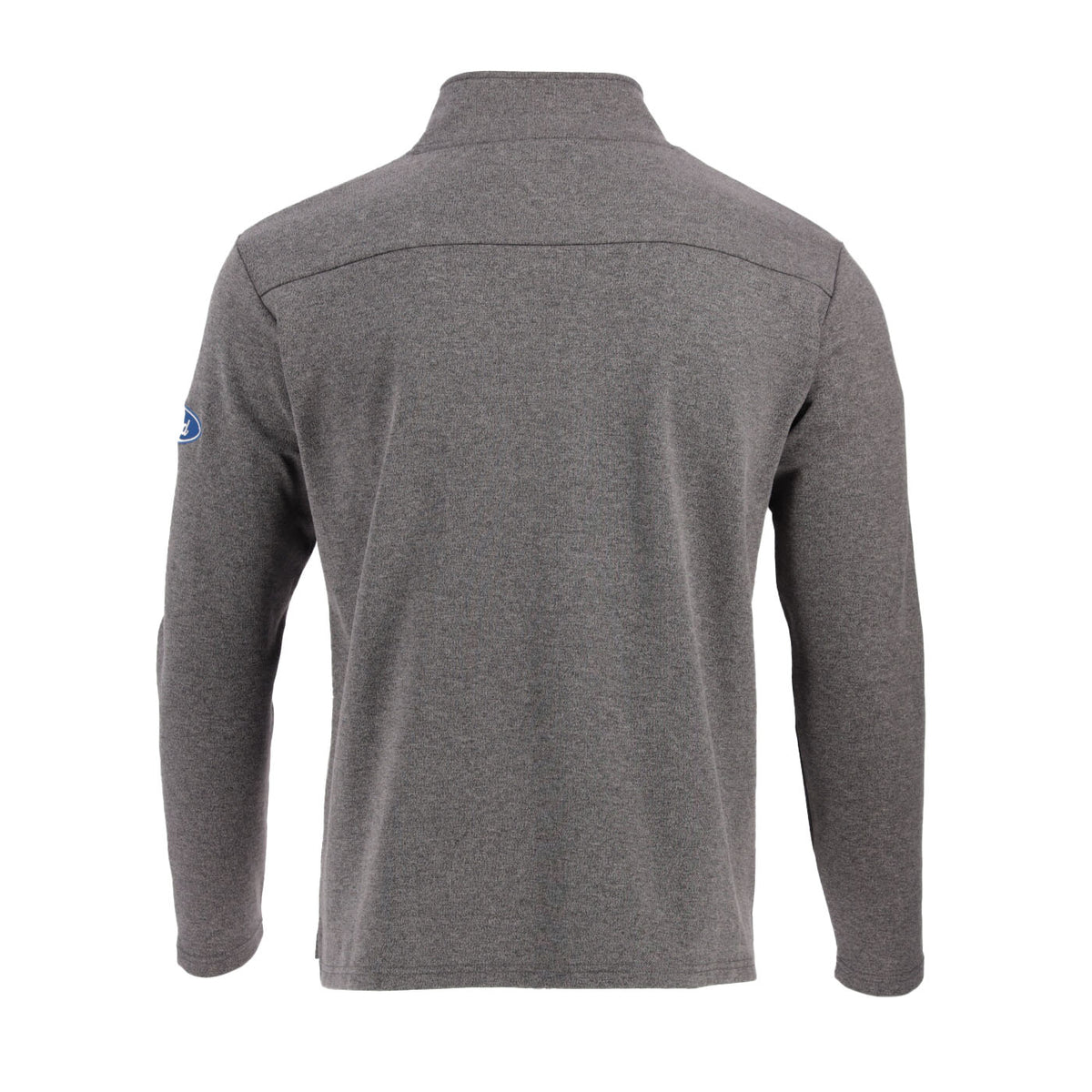 back of a grey Ford oval quarter zip sweatshirt