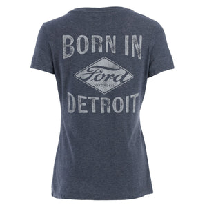 back of a blue t-shirt with born in detroit Ford motor co detroit text