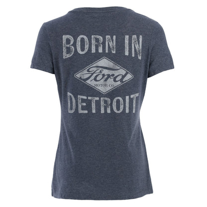 Ford Womens Vintage Logo Born in Detroit Dark Blue V Neck T-Shirt