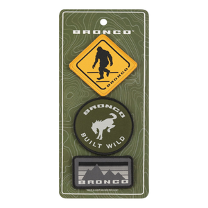 Front packaging of 3 bronco patches on a green background
