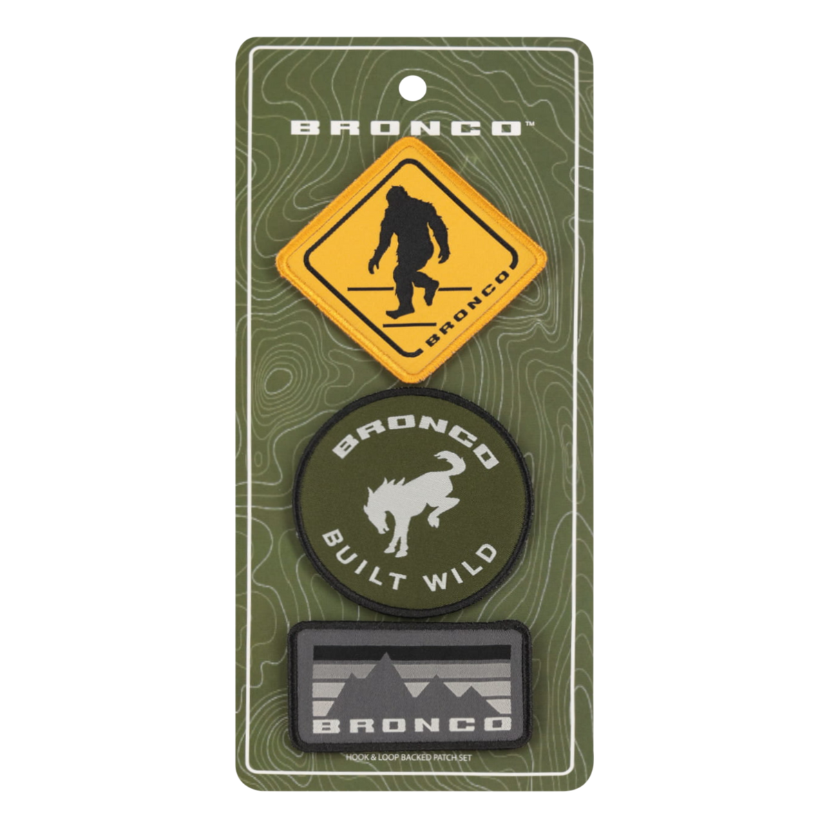 Front packaging of 3 bronco patches on a green background