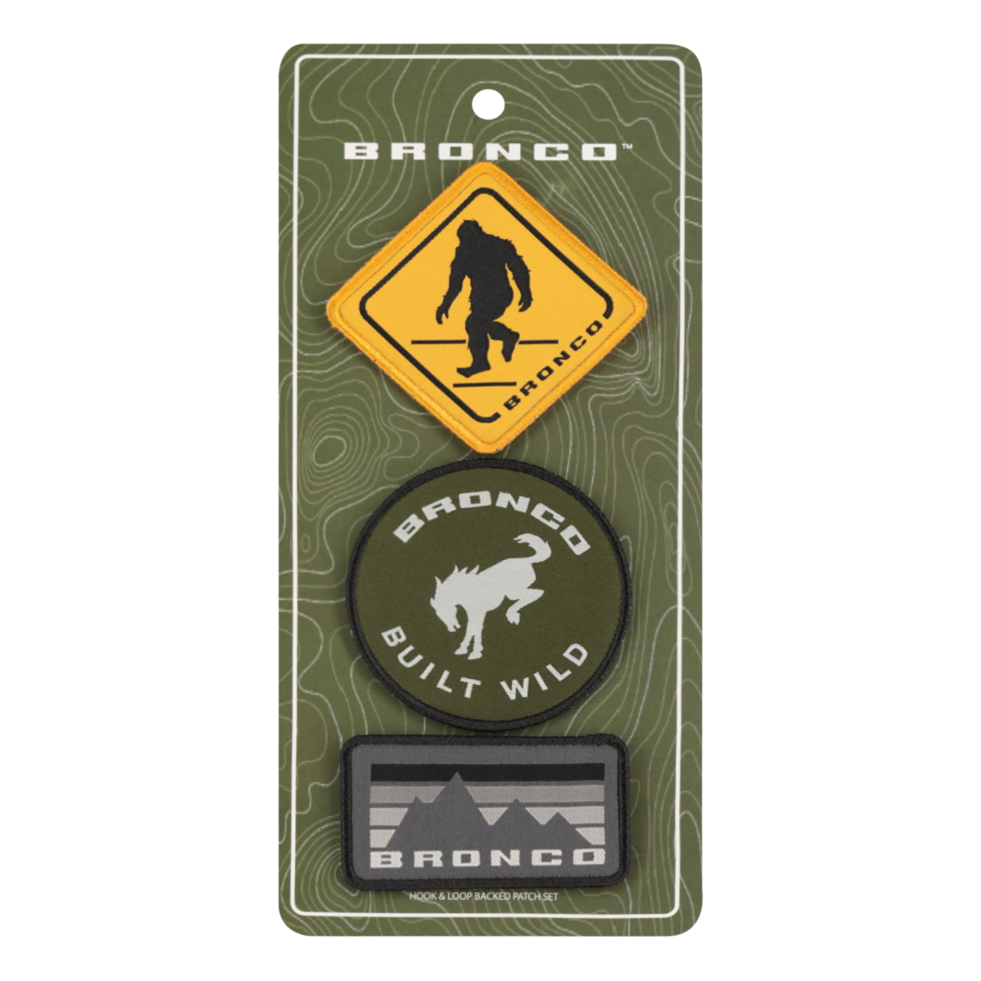Front packaging of 3 bronco patches on a green background