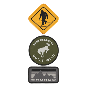A set of three patches with Bronco iconography and a Sasquatch patch.