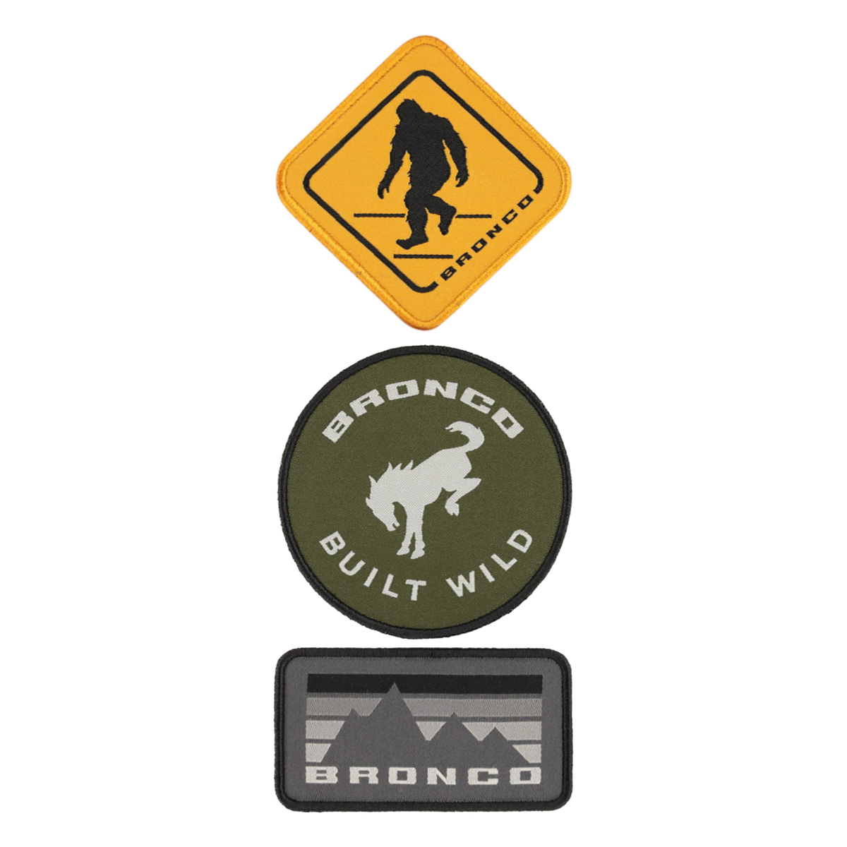 A set of three patches with Bronco iconography and a Sasquatch patch.