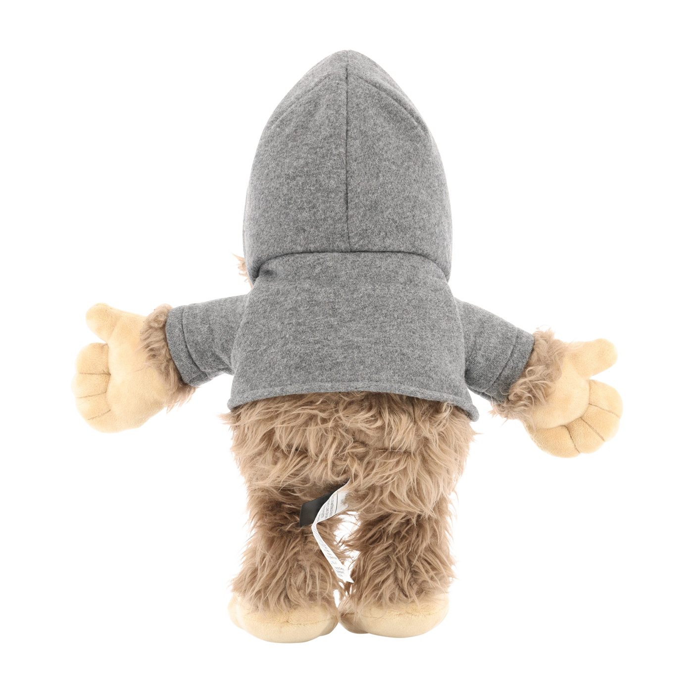 Plush toy with a gray hoodie on a white background