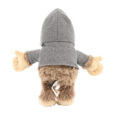 Plush toy with a gray hoodie on a white background