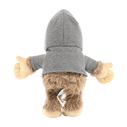 Plush toy with a gray hoodie on a white background